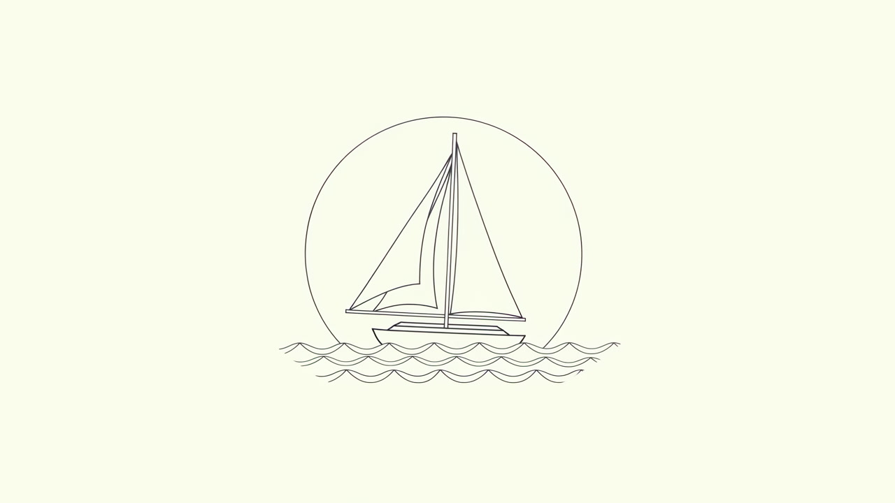 Sailboat Line Drawing On Pale Background, Circle Sun Behind Mast, Gentle Wavy Lines, Minimalist Sketch Style