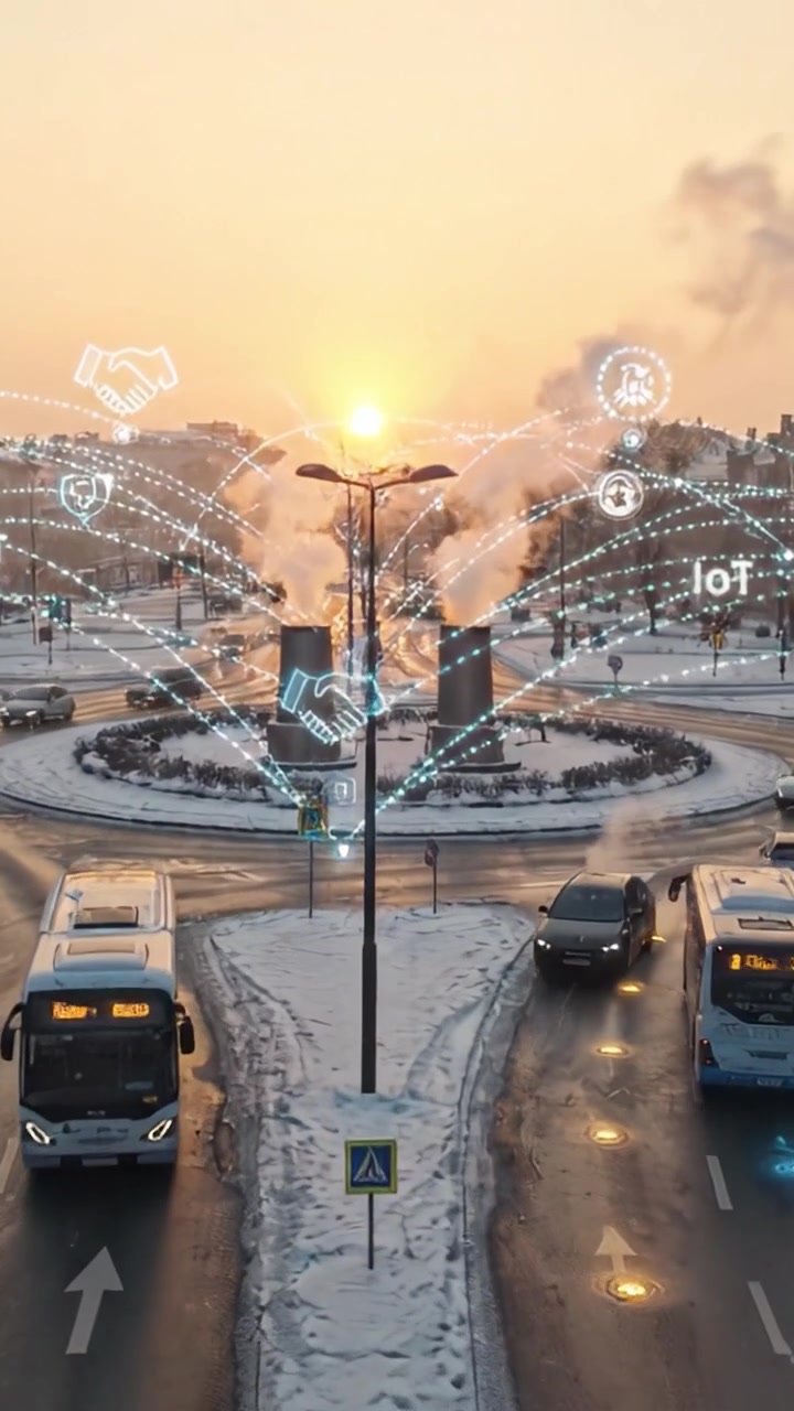 Incrocio cittadino dinamico al tramonto: vita urbana moderna caratterizzata da traffico, vapore e simboli di connettività in un contesto metropolitano contemporaneo.