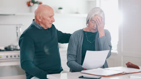 senior couple, sad and stress for bills
