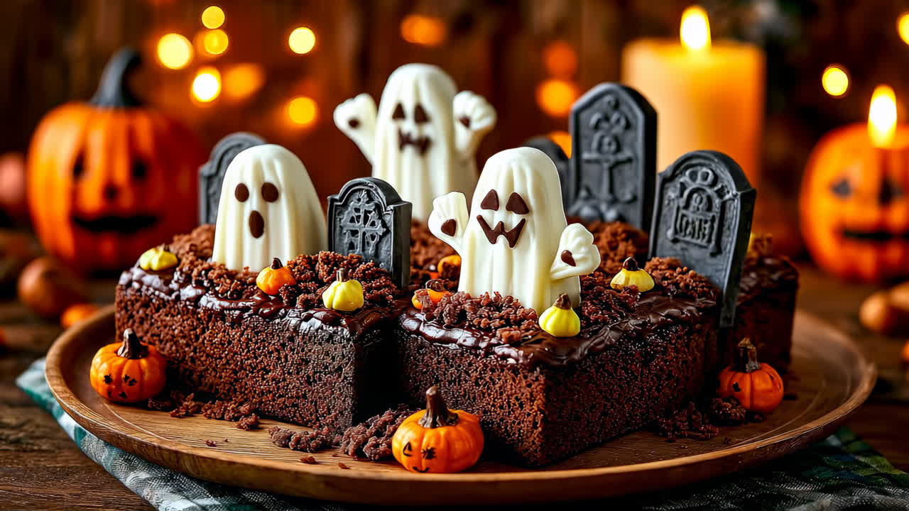Halloween dessert with ghosts. A creative Halloween dessert features ghost-shaped treats, mini pumpkins, and tombstones arranged on a wooden platter
