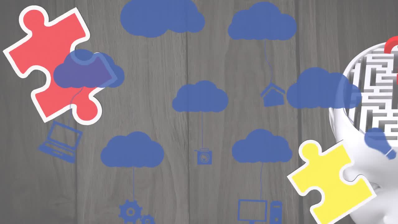 animación de rompecabezas cayendo sobre el cerebro humano con laberinto y nubes azules con iconos en línea