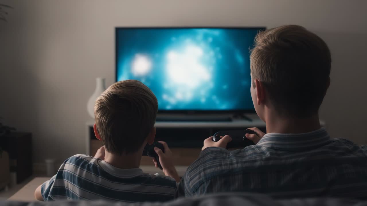 Papà e figlio che giocano con i controller e reagiscono a ciò che vedono in TV seduti sul divano, illuminati dalla luce blu