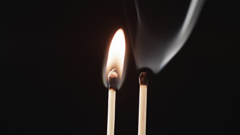 video of close up of matches with yellow fire flame and copy space on black background