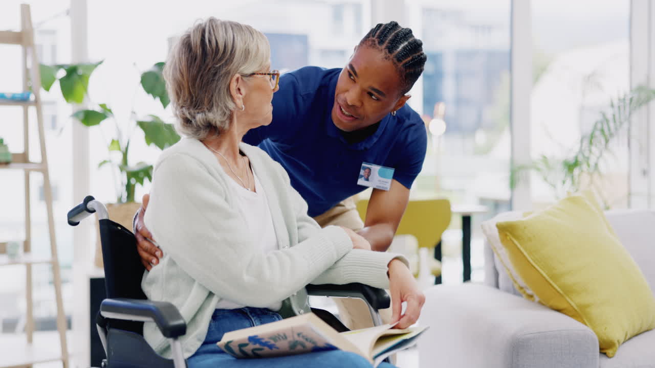 Black man, caregiver or old woman in wheelchair
