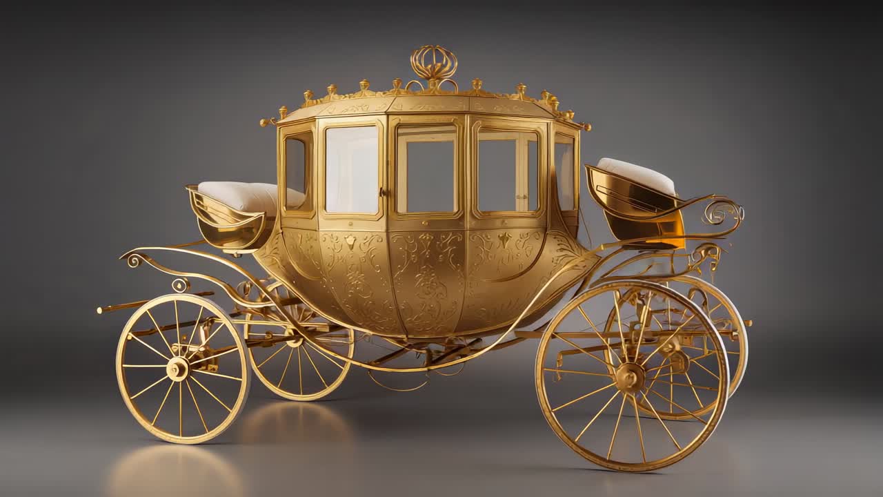 Starting ornate golden royal carriage pivoting on studio floor, showcasing spoked wheels