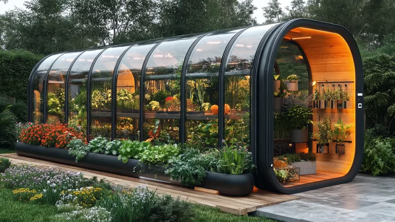 Et moderne drivhus med forskellige planter