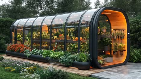 a modern greenhouse with various plants