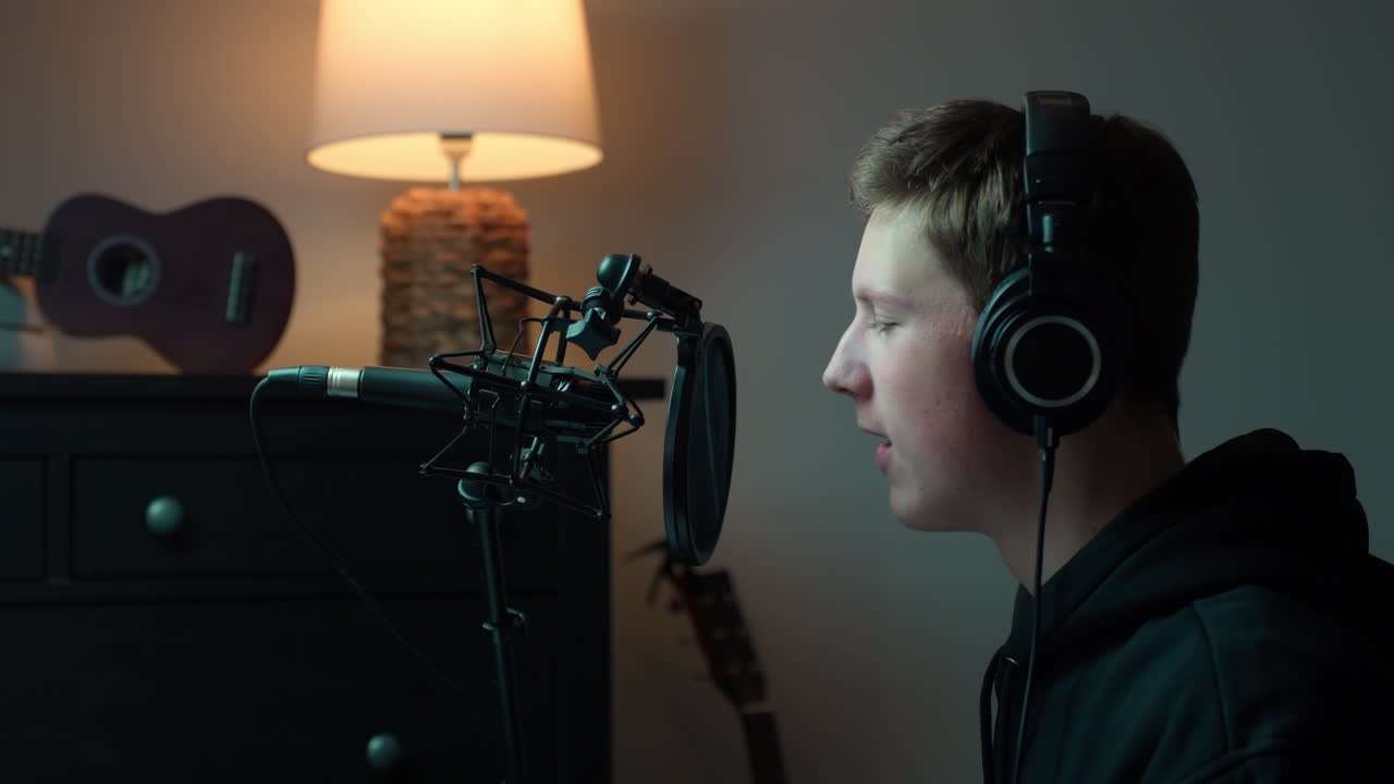 En ung mand optager i et hjemmestudie, synger passioneret ind i en professionel mikrofon og har høretelefoner på, mens han skaber nye musiknumre, sange og melodier med en ukulele-lut i baggrunden.