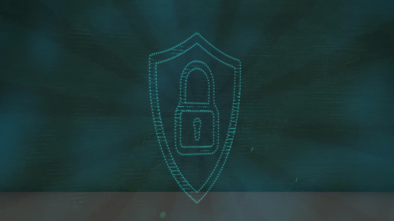 animación de un punto de luz sobre el icono del candado de seguridad contra un fondo azul radial