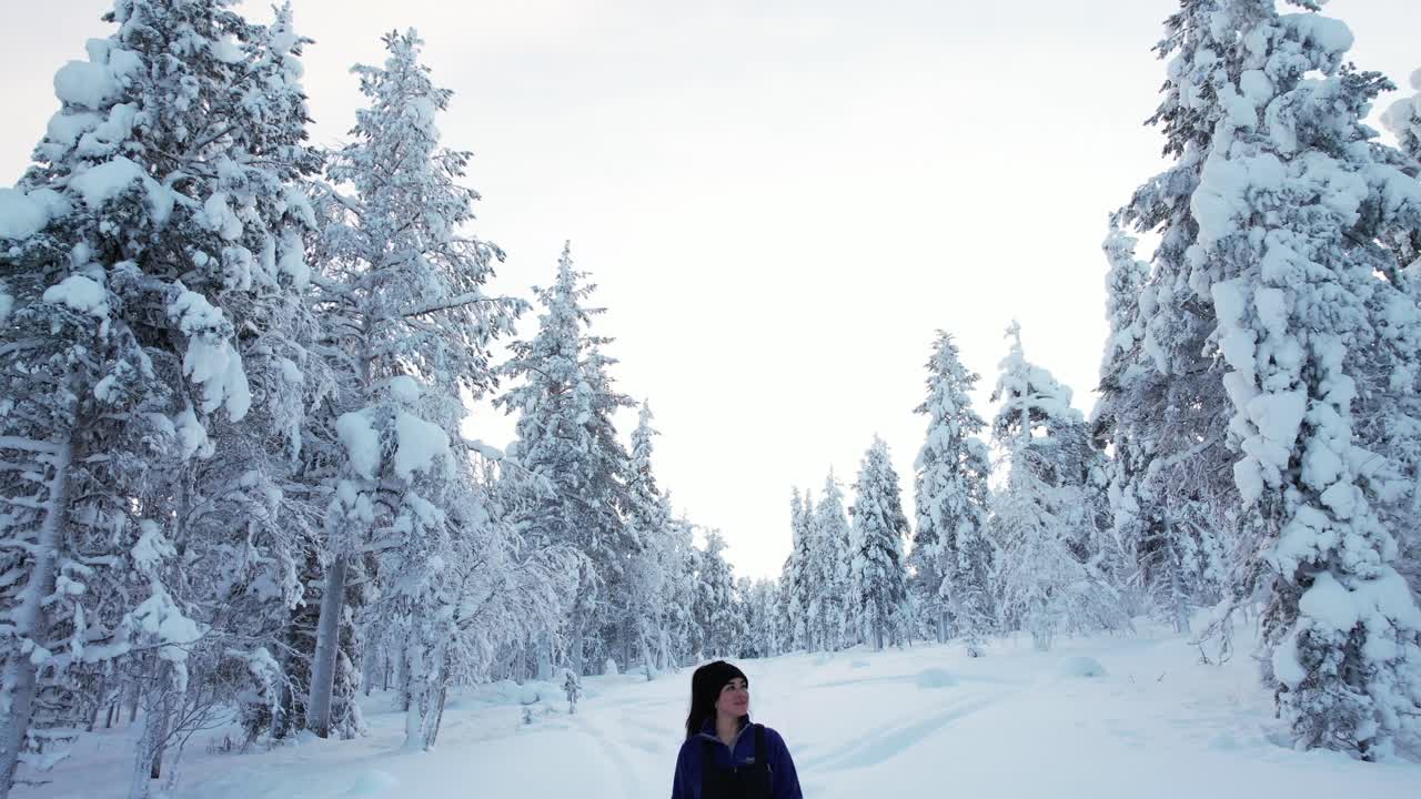 chica caminando en el bosque invernal, admirando la belleza y los árboles en laplandia, finlandia, el círculo ártico