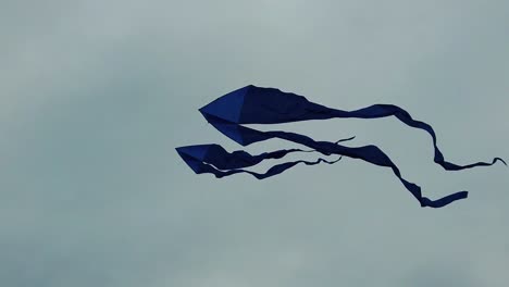 dos cometas azules fusionándose y bailando contra el cielo gris en cámara lenta