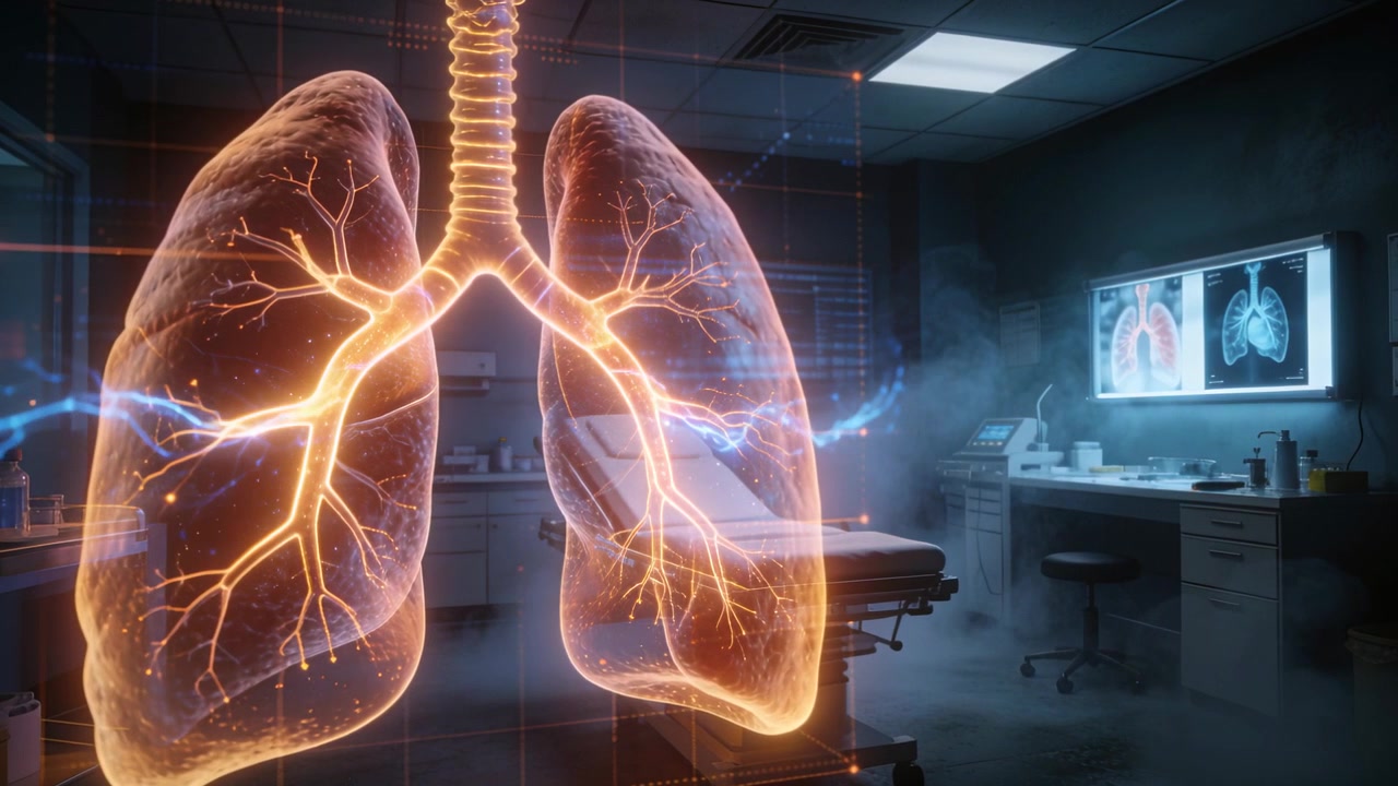 Sistema in attivazione che proietta ologrammi di polmoni e trachea pulsanti con archi blu per una scansione in clinica.
