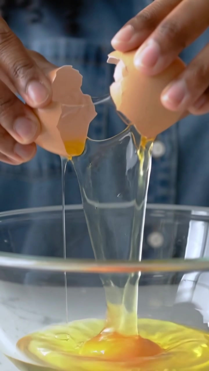 Verticale video: Handen kraken bruine eieren en doen ze in een glazen kom op het aanrecht thuis om te koken, denim.