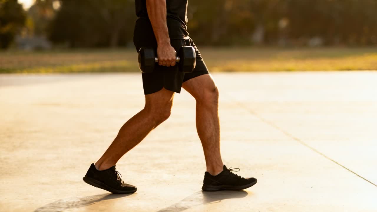 Trainingsstart: Motivierte Männerbeine in schwarzen Shorts machen Ausfallschritte über den Platz, eine Kurzhantel haltend