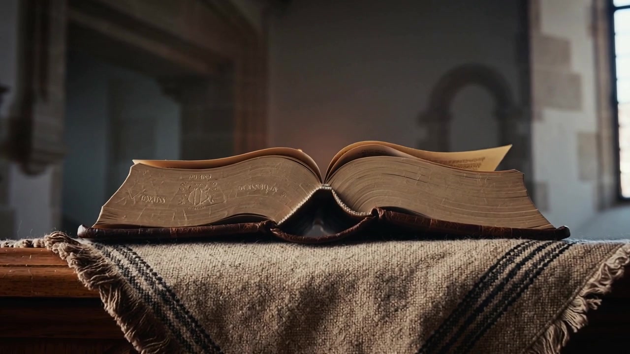 Lifting page, breeze from window raising curling falling pages on leather book at lectern in chapel