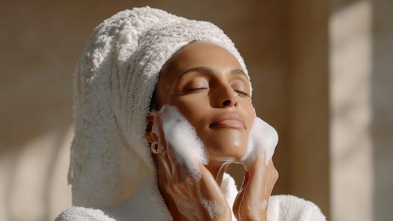 Um momento sereno de autocuidado, no qual uma mulher delicadamente limpa o rosto com suaves bolhas, personificando tranquilidade e rejuvenescimento em um ambiente de banheiro relaxante.