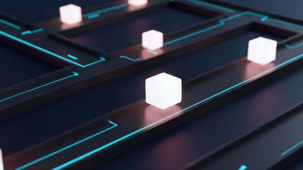 A futuristic maze features glowing cubes navigating along high-tech pathways, showcasing a digital environment with intricate designs and illuminated elements throughout the scene