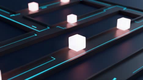 a futuristic maze features glowing cubes navigating along high-tech pathways, showcasing a digital environment with intricate designs and illuminated elements throughout the scene