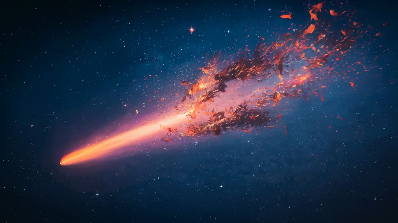Indgang fra venstre, rejsende meteor med flammende hoved, der spreder glødende fragmenter ud over stjernefeltet