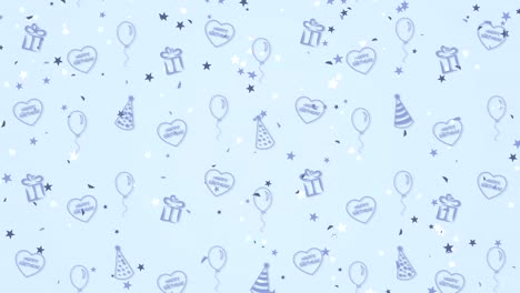 abstract background happy birthday with balloons, party hats and hearts