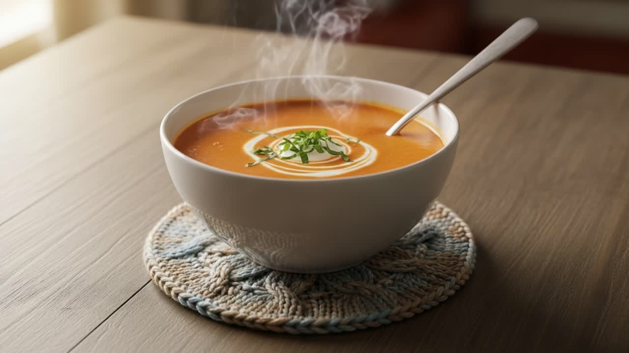 A Delicious Bowl of Hot Soup with Steaming Aroma and Garnished Toppings, Perfectly Set on a Cozy Table for a Comforting Meal Experience