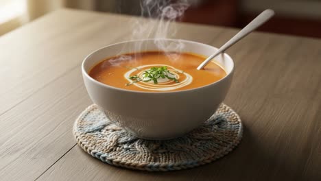 a delicious bowl of hot soup with steaming aroma and garnished toppings, perfectly set on a cozy table for a comforting meal experience