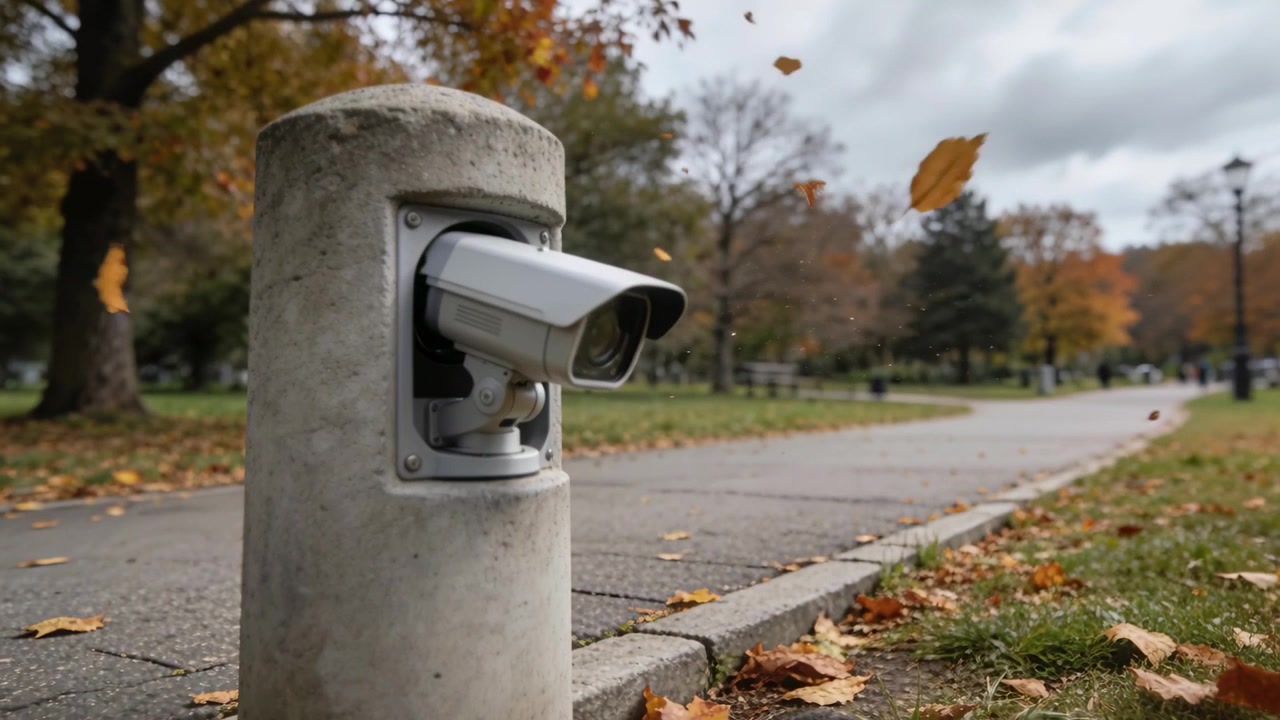 Una telecamera di sicurezza rotante si inclina all'interno di un dissuasore in un parco, monitorando il percorso mentre il vento soffia le foglie.