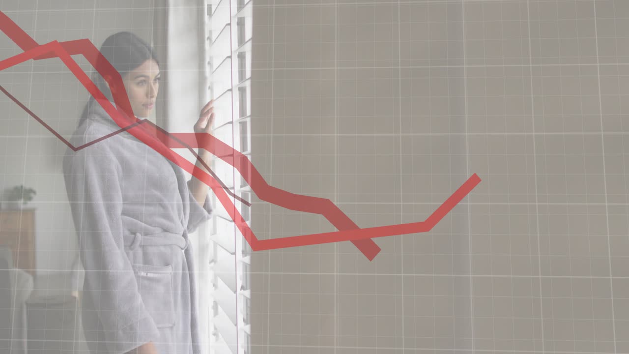 Analista financeiro tocando nas persianas enquanto linhas de tendência vermelhas entram pela esquerda, rastreando dados