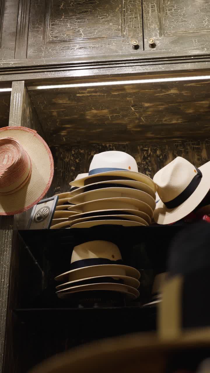 Vertical - pile of hats on vintage wooden shelf at millinery shop, Czechia