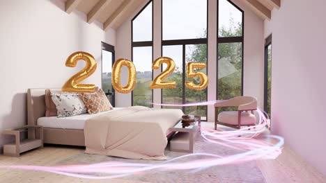 Text-2025-in-a-bedroom,-a-leading-line-moving-through-the-room---3D-animation