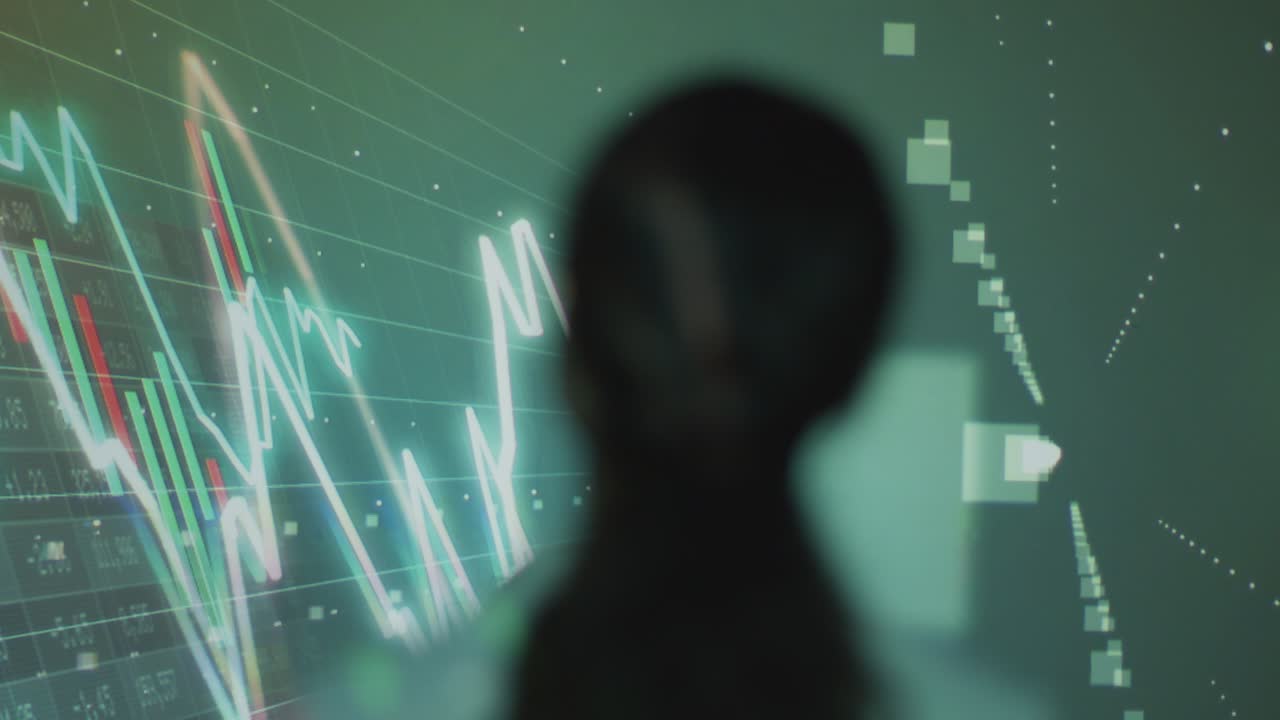 Woman Visiting Immersive Art Exhibition With Projection Of Financial Data With Graphs And Share Prices 3