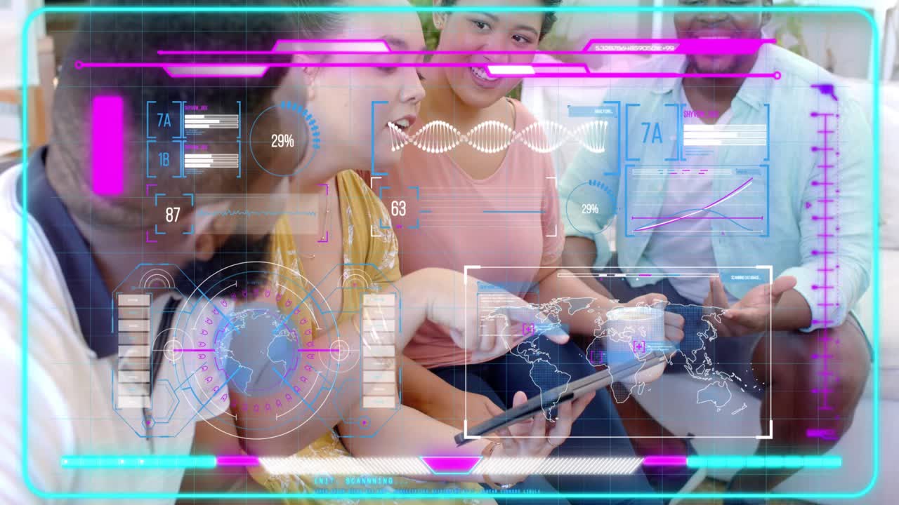 Woman in yellow tapping tablet and updating HUD charts, team leaning in for business review