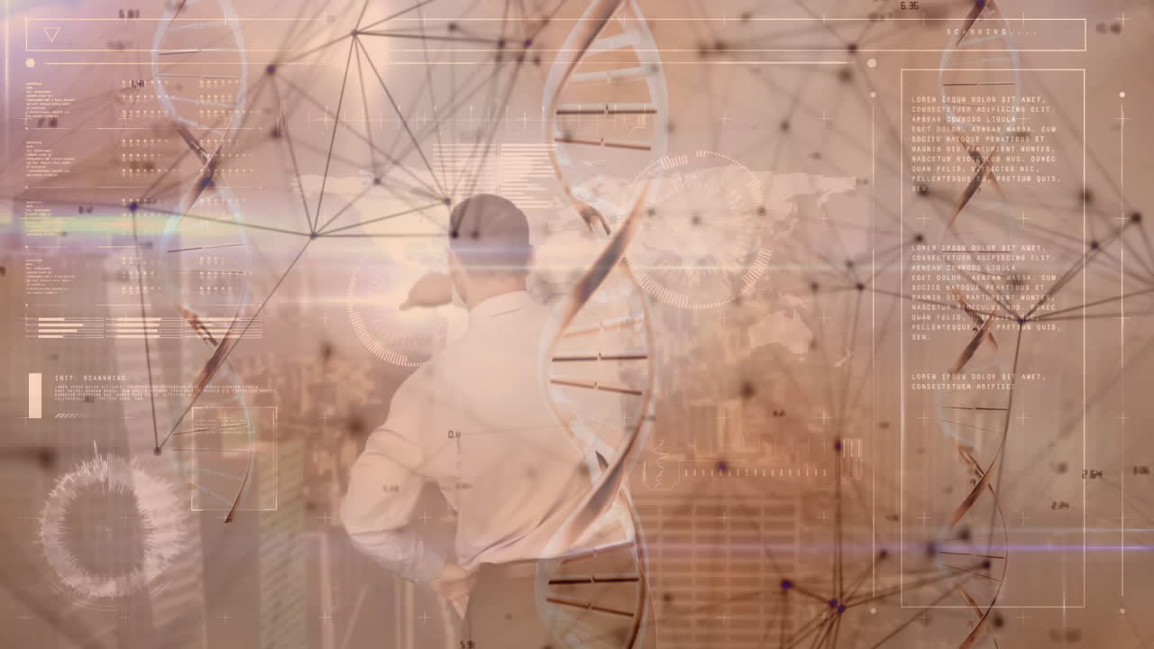 Analyzing data in office, person viewing DNA strand and network animation