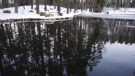 la persona está pescando en el estanque en el invierno nevado, hay una caña de pescar en el tiro