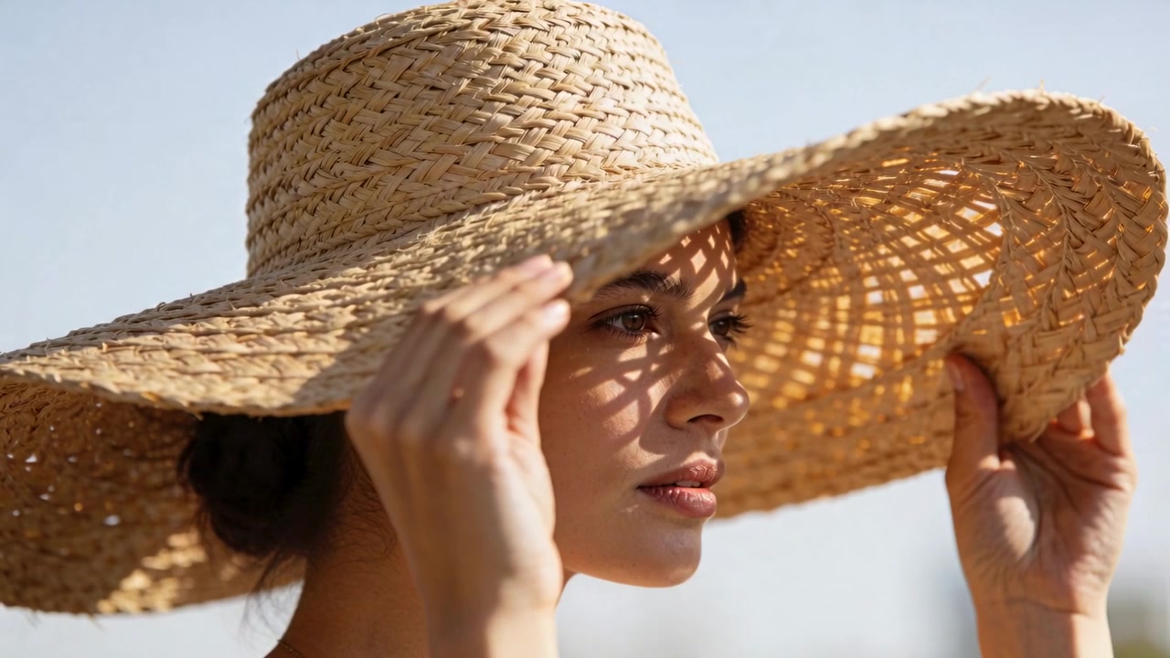 Raising hands, woman adjusting straw hat in bright sun to shade face, lattice-shadow shifting