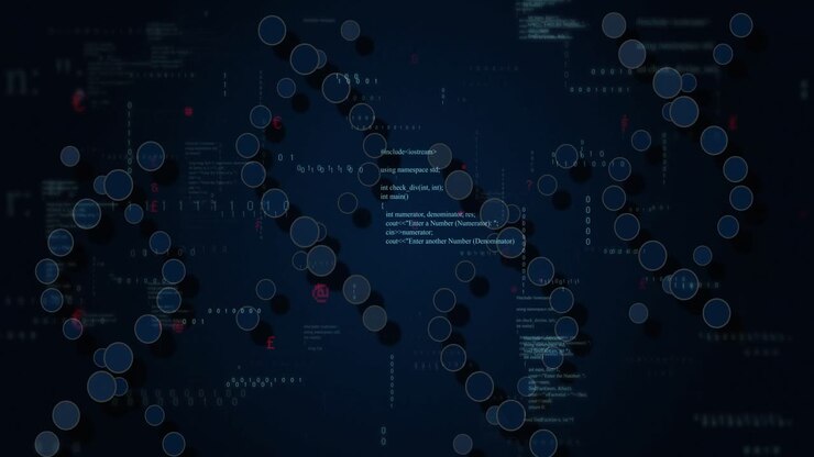 Translucent nodes materializing on navy code, clustering, pulsing, illustrating dynamic data flow