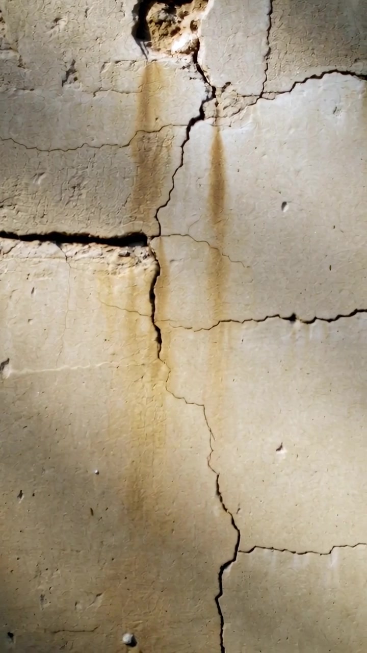 Vertical video: Leaking cracked wall showing moisture stains running down from eroded hole inside