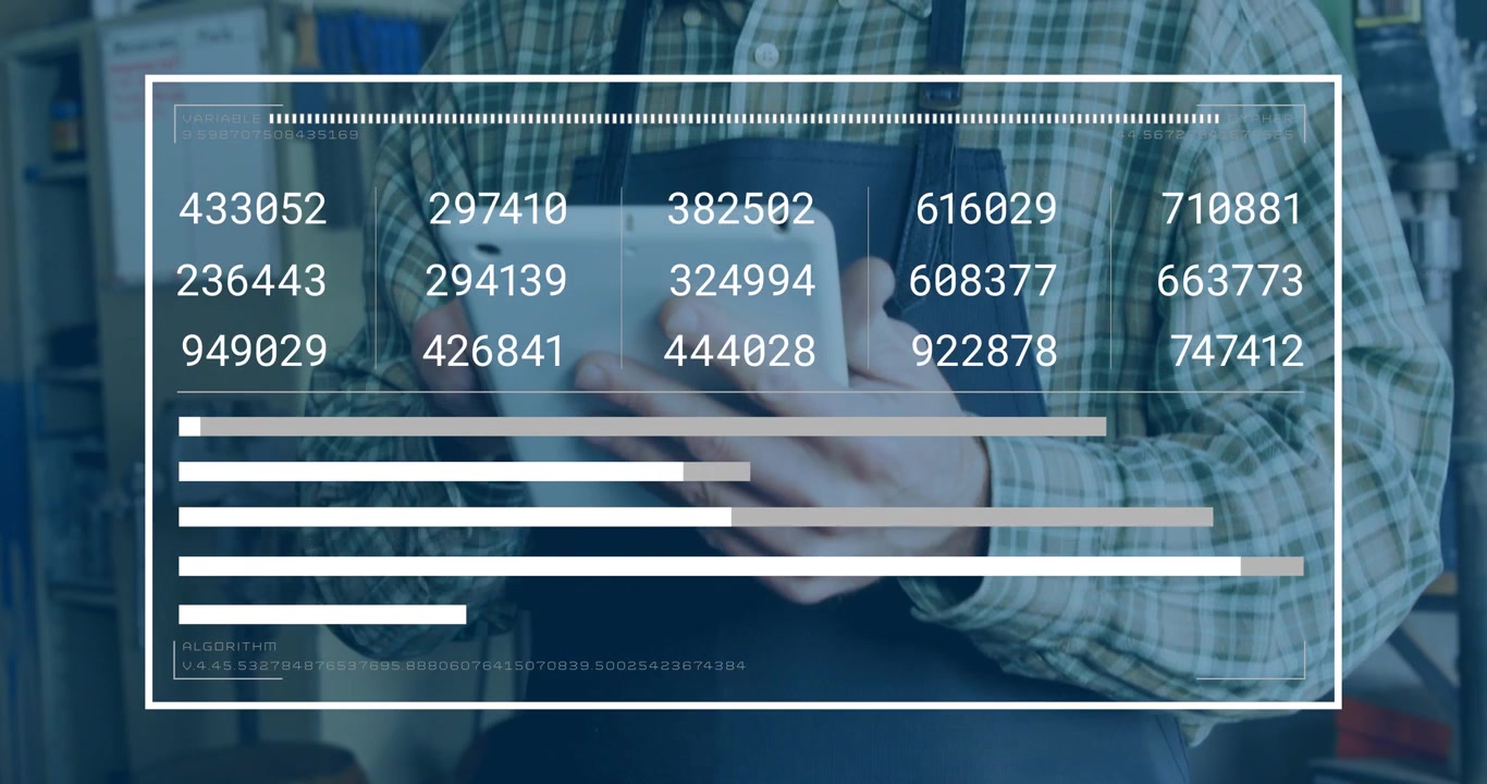 Craftsman tapping and swiping tablet in business updating columns and bar charts monitoring metrics