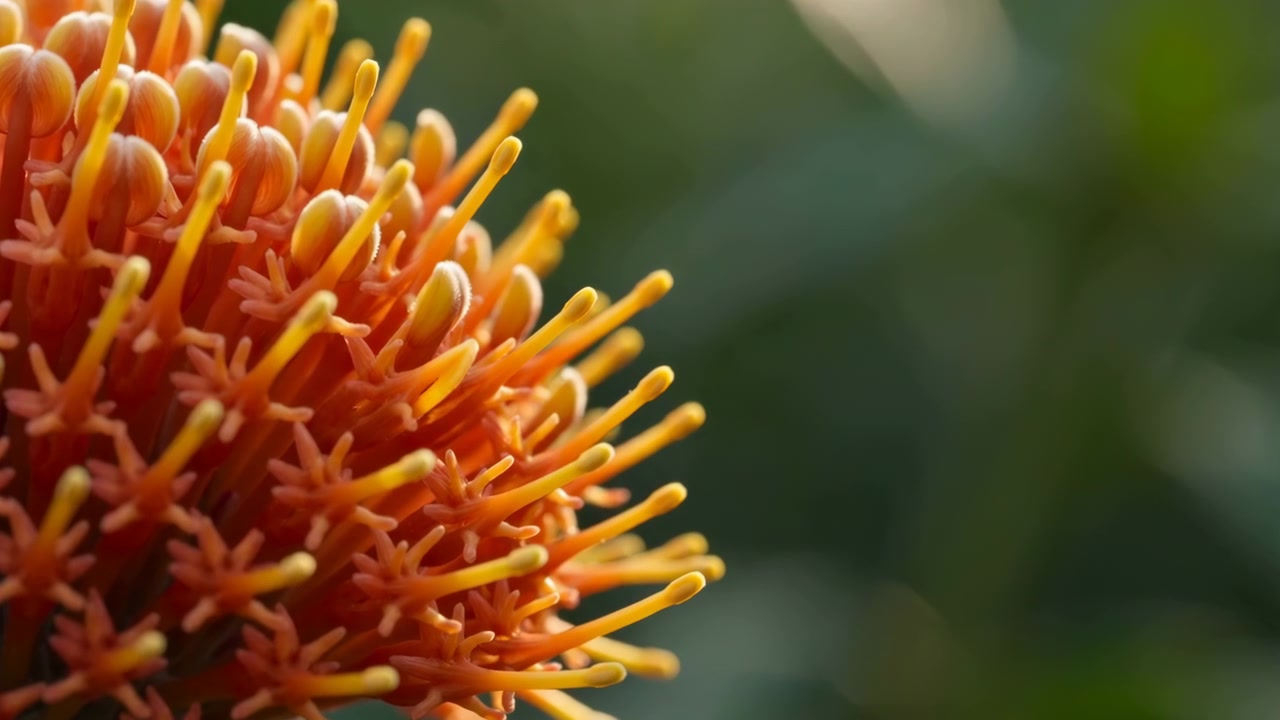 Panoramische close-up van een oranje speldenkussenprotea bloesem aan de linkerrand, met dichte buisvormige bloempjes, ronde bleke knoppen, felgele stijlen, zachte groene achtergrondbokeh en warme natuurlijke details.