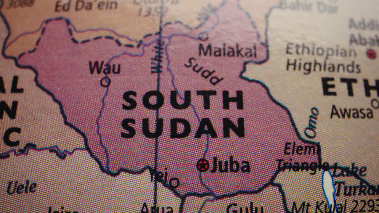 Vista ravvicinata del Sudan del Sud su una mappa politica