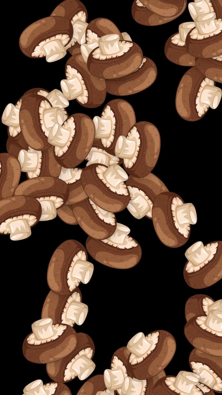 Stylized brown cremini mushrooms fall continuously through a black vertical frame in smooth motion.