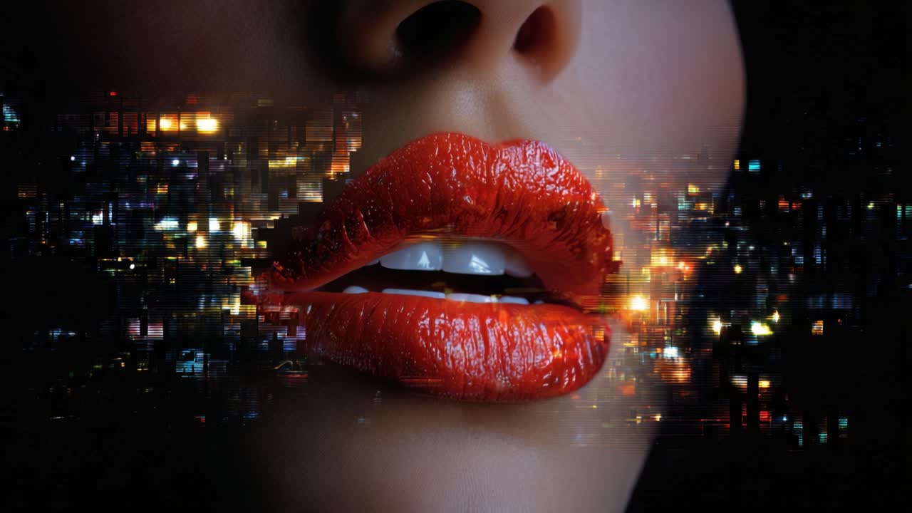 Un primo piano suggestivo di labbra adornate con rossetto rosso vibrante, giustapposto a un affascinante paesaggio urbano digitale che evoca l'estetica urbana moderna.