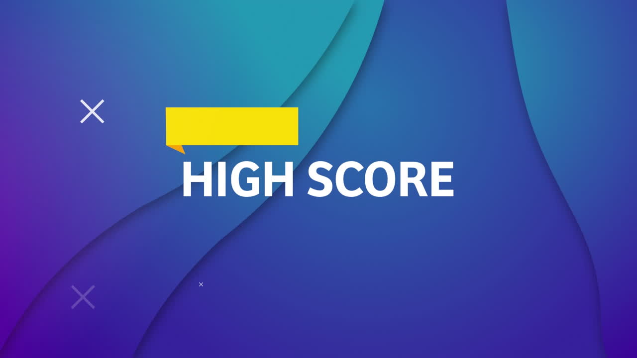 Animation af tekst 'Høj score' over figurer på blå baggrund