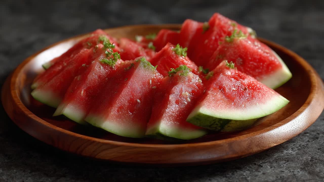 A beautifully arranged platter of freshly sliced watermelon pieces garnished with green herbs, perfect for summer refreshment and healthy snacking