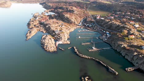 cinematic aerial of sweden west coast harbor and quaint nordic town