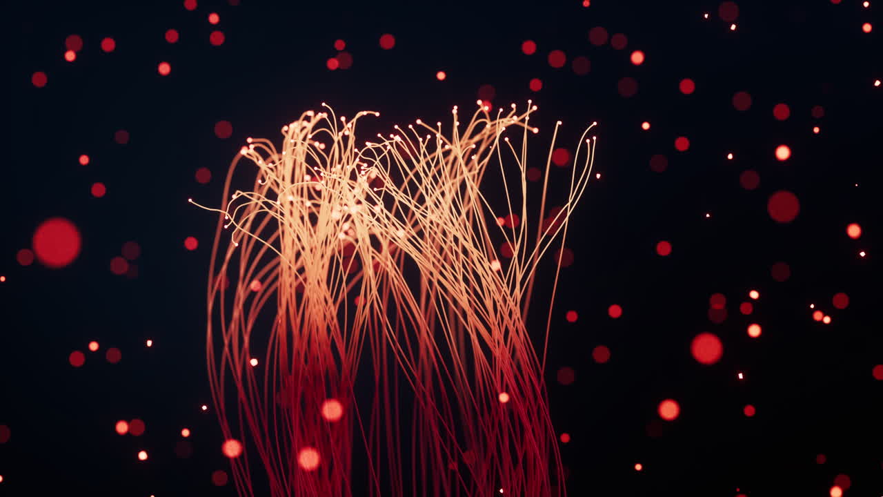 빛나는 입자와 검은 바탕의 선, 3d 렌더링