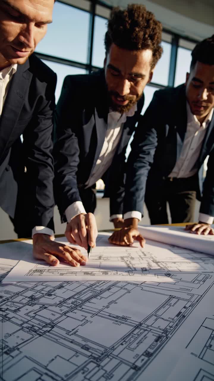 Wide-angle shot of a business meeting in a sunlit room, with architectural plans on the table