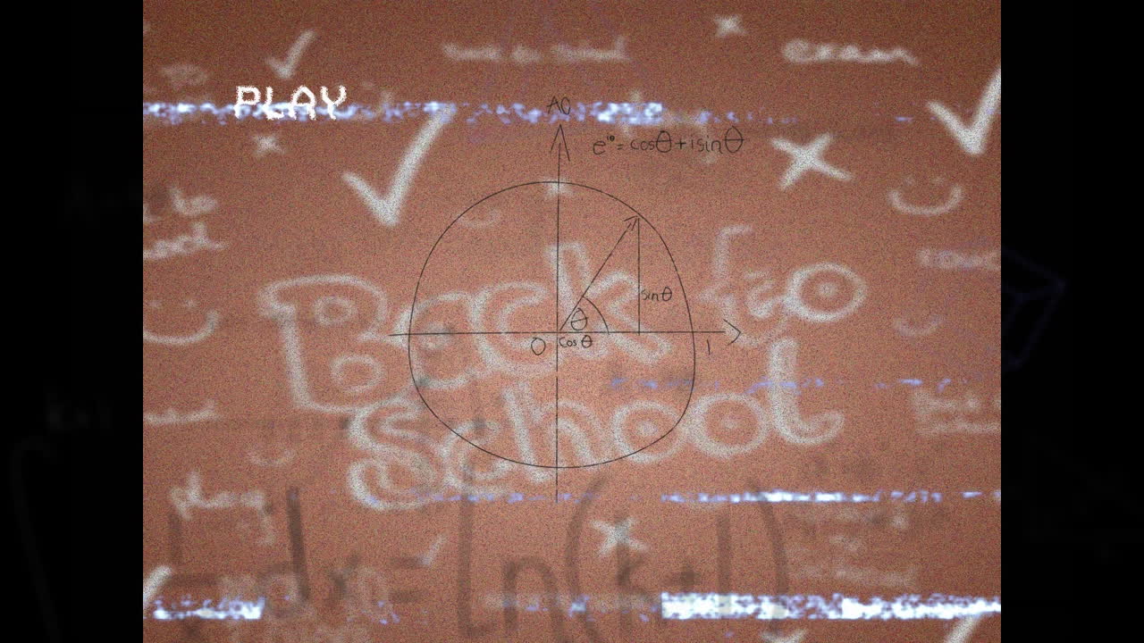 수학적 방정식과 간섭의 애니메이션은 빨간색 배경의 학교 텍스트로 돌아갑니다.