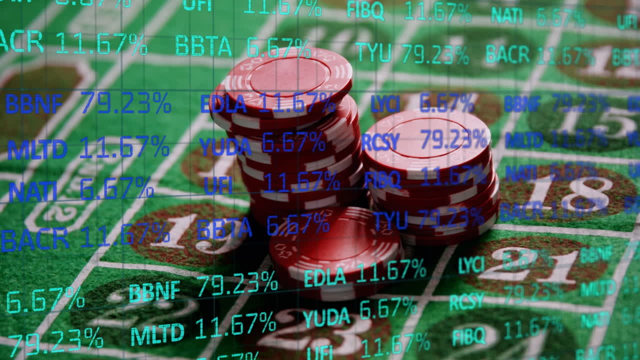 animación del procesamiento de datos financieros en fichas de casino y tablero de juego