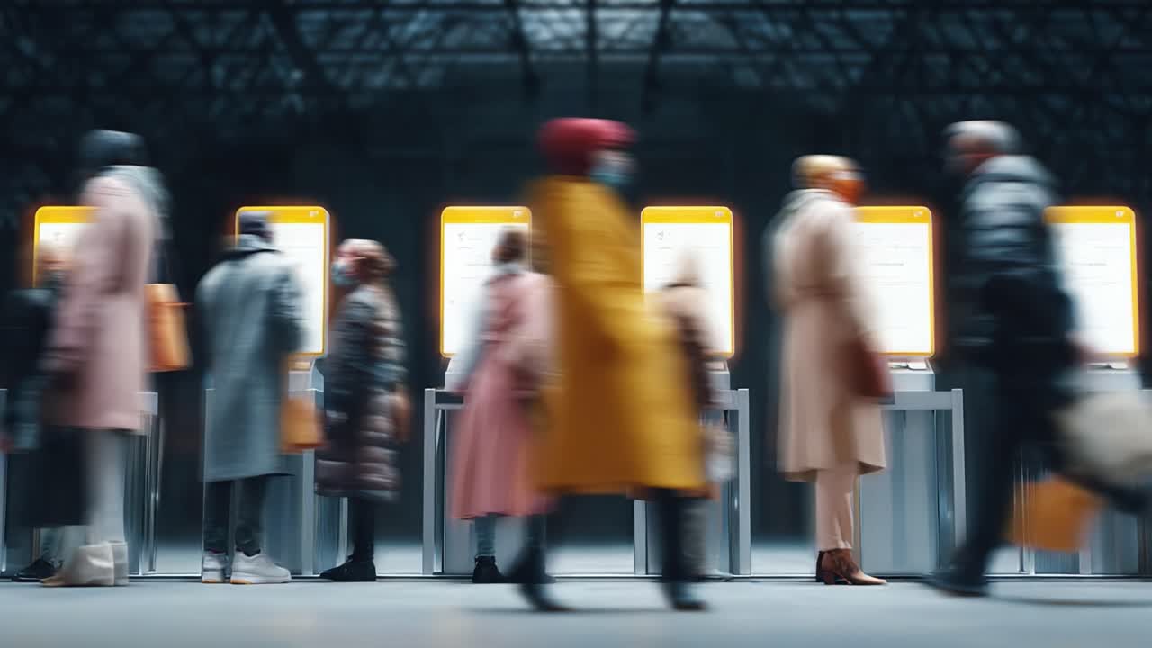 A Dynamic Scene of Commuters Interacting with Digital Kiosks in an Urban Transport Hub, Capturing the Flow of People and Technology in Motion and Transition